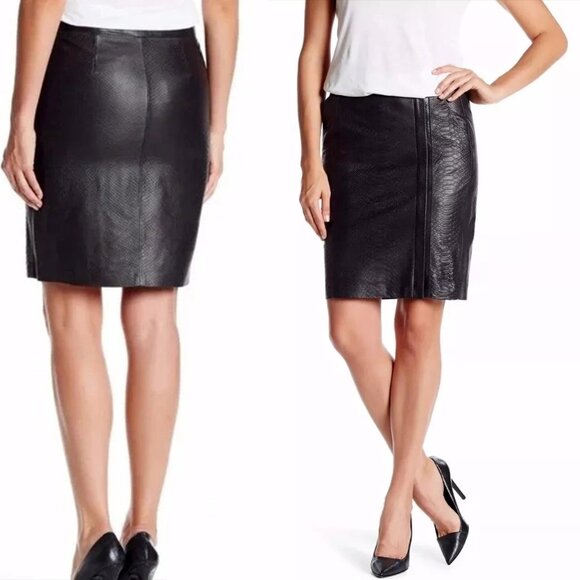 VINCE Snake Embossed Wrapped Leather Pencil Skirt in Graphite Black 6 Small EUC - Picture 2 of 8